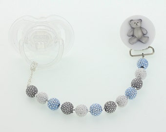 Gray Bear  Pacifier clip with Blue and Gray and White  Beads (CPGTB) (MSRP 24.00)