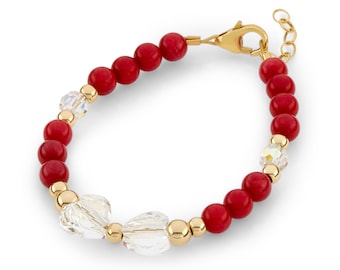 Beautiful Red Coral Bracelet For Baby/Infant/Child With Clear Austrian Heart Beads, 14kt Gold Filled Beads (B2124-R)