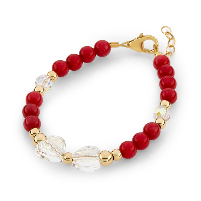 Beautiful Red Coral Bracelet For Baby/Infant/Child With Clear Austrian Heart Beads, 14kt Gold Filled Beads B2124-R image 1