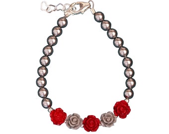 Elegant Red Flowers with Grey European Simulated Pearls Grey Stylish Festive Baby Girl Bracelet (B100-FGR)