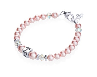 Pink Pearls With Clear European Crystals and Sterling Silver Daisy Spacers and Sterling Silver Box Inital Bracelet (BPI)