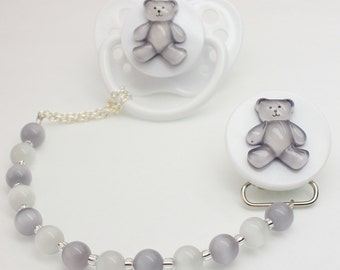 Grey Teddy Bear Pacifier clip with Grey and White Beads (CTG)