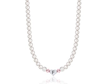 White European Pearls With Pink Crystals and Sterling Silver heart Initial (NPHC)