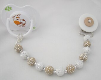 Tan Button Pacifier clip with Acrylic Beads (CPTB)