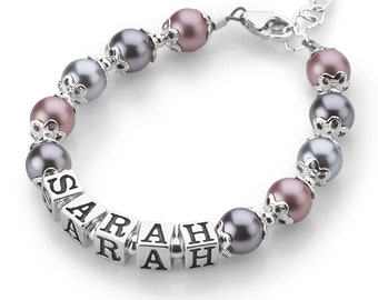 Beautiful Baby Girl Personalized Name Bracelet, Sterling Silver, With Shades Of Lavender Austrian Pearls (BNBC-2)