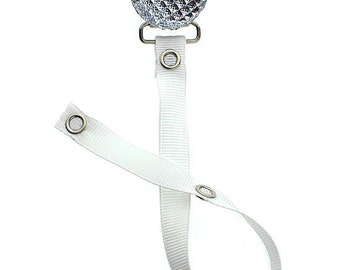 Clear  Crystal Clip with Solid White  Ribbon Pacifier Clip (RQSW)