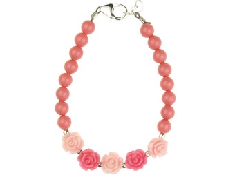 Elegant Stylish Sterling Silver Baby Girl Bracelet made with Coral European Simulated Pearls Pink with Rose Flowers (B100-CFPR)