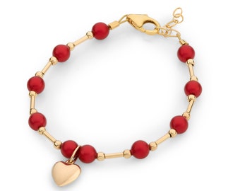 Unique 14kt Gold Filled Bracelet With Red Austrian Pearls, 14kt Gold Filled Heart Charm, Suitable For Infant/Child/Teen (B2123-R)