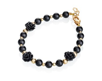 Black flower with gold filled bead spring keepsake baby girl bracelet (B1725)