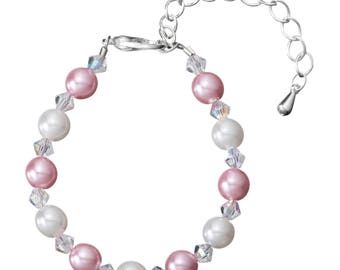 Pink and White Czech Glass Pearls and Crystals Baby Keepsake Bracelet Gift with 2" Extender (BPG02)