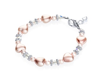 Pink and White Heart Sterling Silver Child Bracelet (B1702)