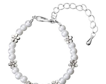 White Czech Glass Pearls with Pewter Flowers Child Bracelet with 2" Extender (BPG13)