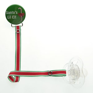 Santa&#39;s Lil Elf Christmas Pacifier Clip with Matching Ribbon (RHSE)