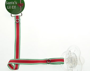 Santa's Lil Elf Christmas Pacifier Clip with Matching Ribbon (RHSE)