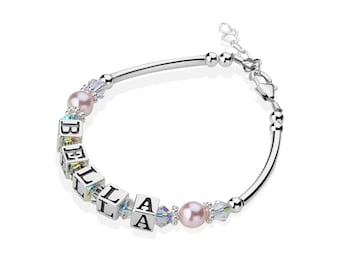 Baby Girl Sterling Silver Banglet Bracelet | Personalized Name Bracelet | Pink European Pearls | Sterling Silver Block Letters (BNPNP)