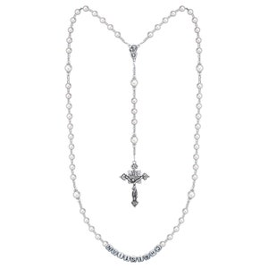 Personalized Catholic Rosary Prayer Beads, White Pearls, Clear Crystals & Silver Acrylic Bead Letters (RN-N)