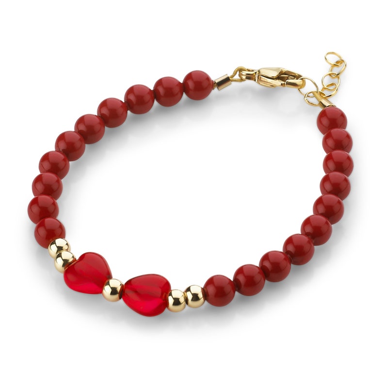 Elegant Child Bracelet With Red Austrian Pearls, Red Heart Crystal, 14kt Gold Filled Beads B2002-RR image 1