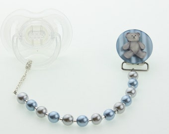 Gray Bear on Blue Backround with Blue and Gray matching pearls Pacifier Clip for Boys ( CTBG)