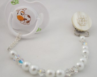 White Lacy Flower Pacifier clip with Stunning Pearls and Crystals (CLW)