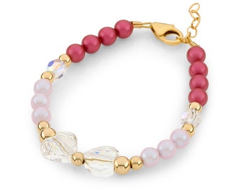 Magnificent Bracelet For Girls Made With Austrian Pearls, Heart Crystals, 14kt Gold Filled Beads (B2124-P)