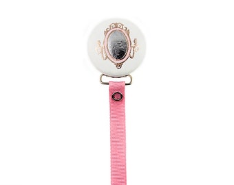 PINK & SILVER mirror on WHITE button Pacifier Clip