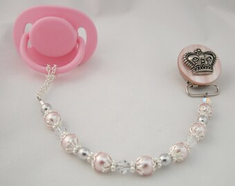 Pink Crown Pacifier clip with Pink European Pearls and Crystals (CCP)  Dummy Clip, Binky Clip