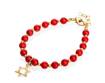 Luxury with 14KT Gold-filled Star of David Charm Red European Simulated Pearls and Mini Beads Stylish Baby Unisex Bracelet (BCR-SD)