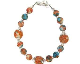Orange, blue and white 2 size bead spring sterling silver infant girl bracelet (B1711)