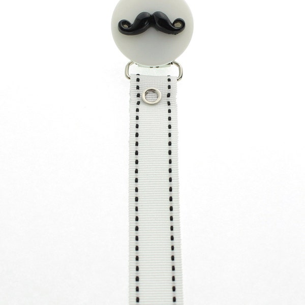 Mustache Pacifier Clip With White Ribbon (RMHMW)