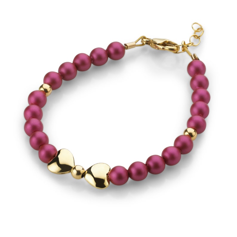 Luxury Child Bracelet With Mulberry Austrian Pearls, 14kt Gold Filled Heart Beads B1903-R-MB image 1