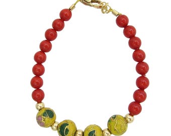 Gold Child Bracelet with Red Pearls and  Yellow Cloisonne Beads (B1706)