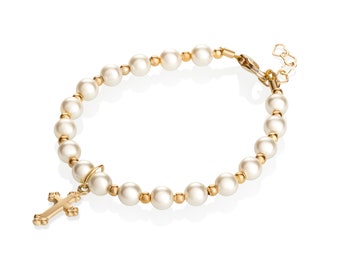 Christening 14KT Gold-filled Beads with Cream European Simulated Pearls and Cross Charm Luxury Unisex Baby Bracelet (BGC)