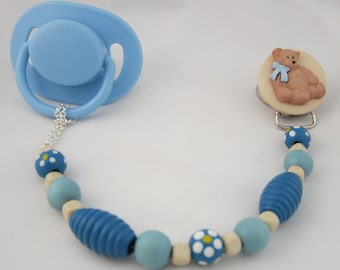 Wooden Blue Teddy Bear Pacifier clip with Stunning Beads (CTWB)