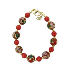 Luxury Gold Toddler Bracelet with Red Pearl and Red, Green Cloisonne Bead  (B1705)