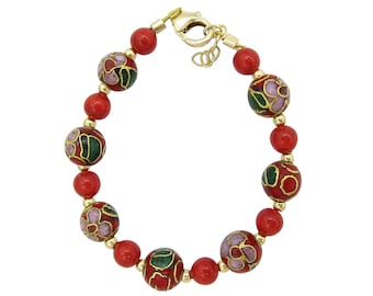 Luxury Gold Toddler Bracelet with Red Pearl and Red, Green Cloisonne Bead  (B1705)