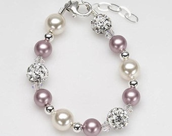 Elegant Rose and Ivory Simulated Pearls with White Pave Beads Sterling Silver Luxury Baby Girl Bracelet (B138)