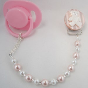 Pink Teddy Bear Pacifier clip with Pink and White Pearls (CTP)