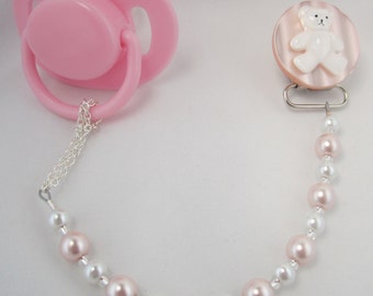 Pink Teddy Bear Pacifier clip with Pink and White Pearls (CTP)