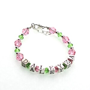 Personalized Name Bracelet for toddler,  Girls and Baby Sterling Silver, pink and green crystal  Personalized Custom (BPGN)