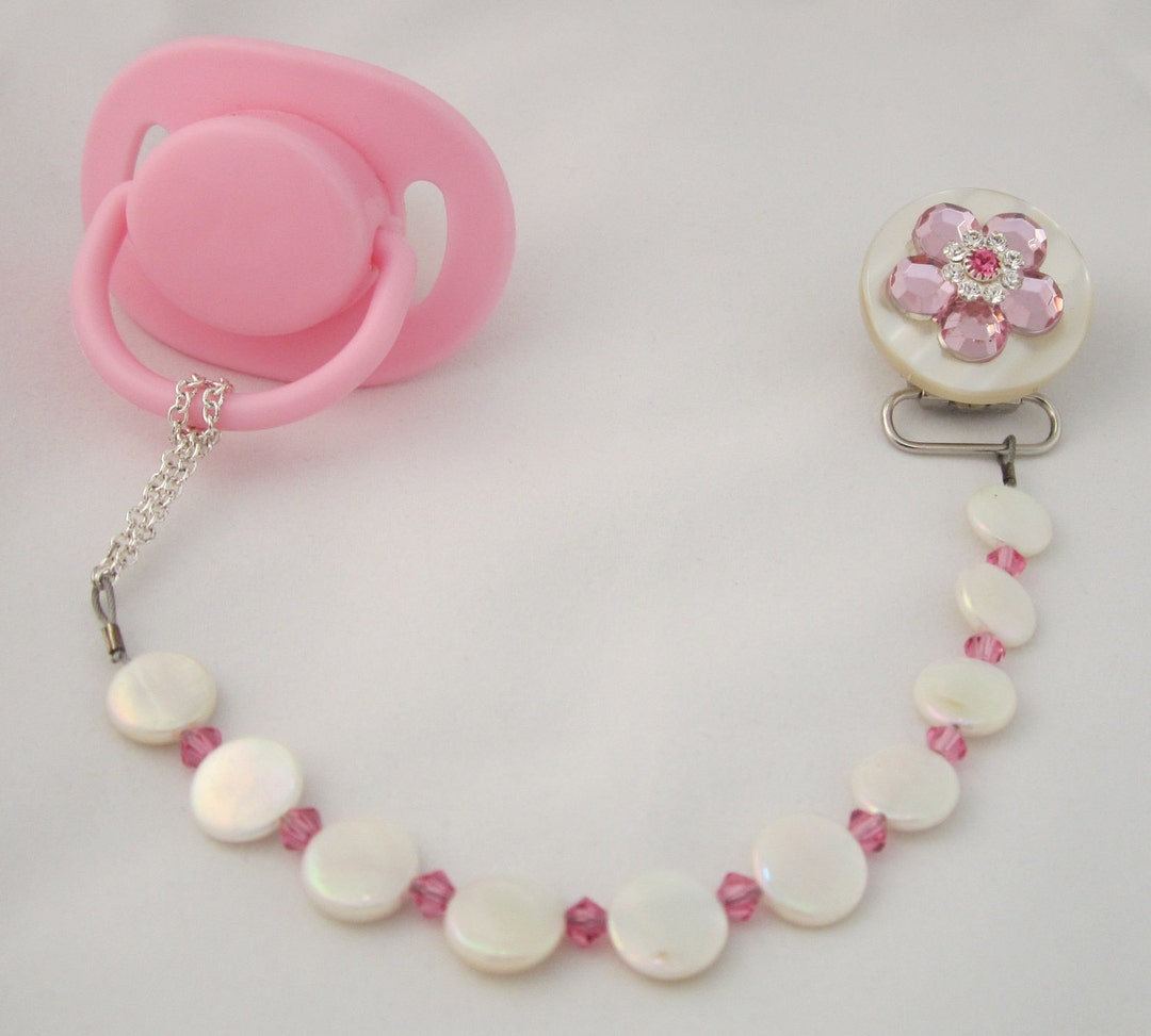 Pink Flower Pacifier Clip With Stunning Mother of Pearls Etsy