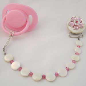 Pink Flower Pacifier clip with Stunning Mother of Pearls (CMPP)