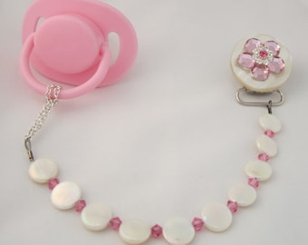 Pink Flower Pacifier clip with Stunning Mother of Pearls (CMPP)