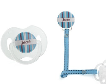 Personalized Name Blue and Brown Boy Striped Pacifier Clip (PER 24) (MSRP 19.00)