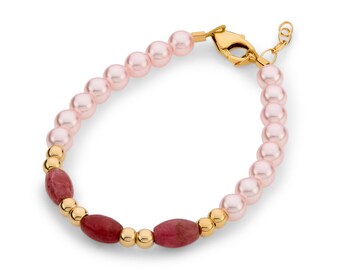 Infant/Baby Girl/Child Bracelet With Pink Austrian Pearls, 14kt Gold Filled beads, Rice Rhodonite Beads (B2129-P)