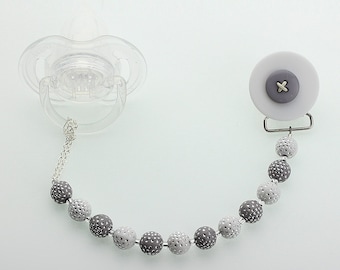 Gray Button Pacifier clip with Acrylic Beads (CPGB) ( MSRP 24.00)