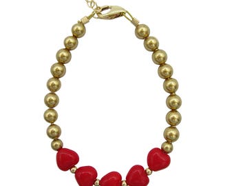 Luxury Red Heart Baby Bracelet with Gold Pearls (B1704)