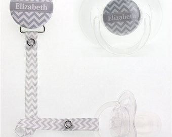 Personalized Name Gray Chevron Unisex Pacifier Clip (PER 38) (MSRP 19.00)