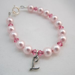 Pink European Pearls Pink Clear Crystals and Sterling Silver Script Initial Beaded Bracelet  (BPSIP)