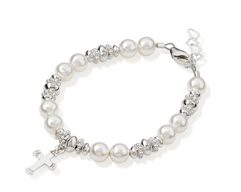 Christening Sterling Silver Cross Charm with White European Simulated Pearls and Beads Luxury Unisex Infant Bracelet (BSSCR)