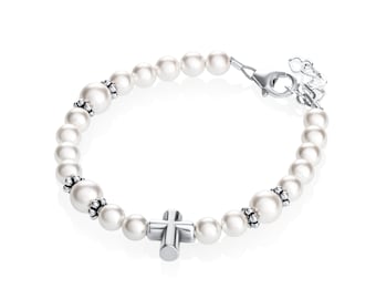 European White Pearls with Sterling Silver Cross Bead Bracelet (BCBW)